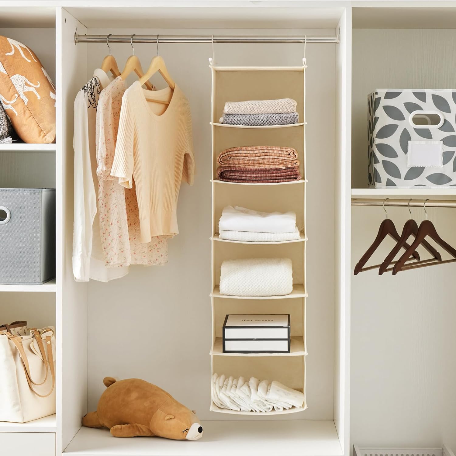 MAX Houser 6 Tier Shelf Hanging Closet Organizer, Cloth Hanging Shelf with 2 Sturdy Hooks for Storage, Foldable (Beige)