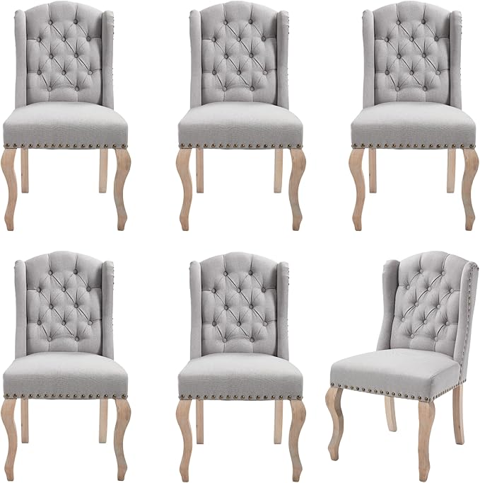 Upholstered Dining Chairs Set of 6 for Kitchen and Dining Room Farmhouse Fabric Tufted Accent Chairs for Living Room and Bedroom with Wooden Legs, Grey