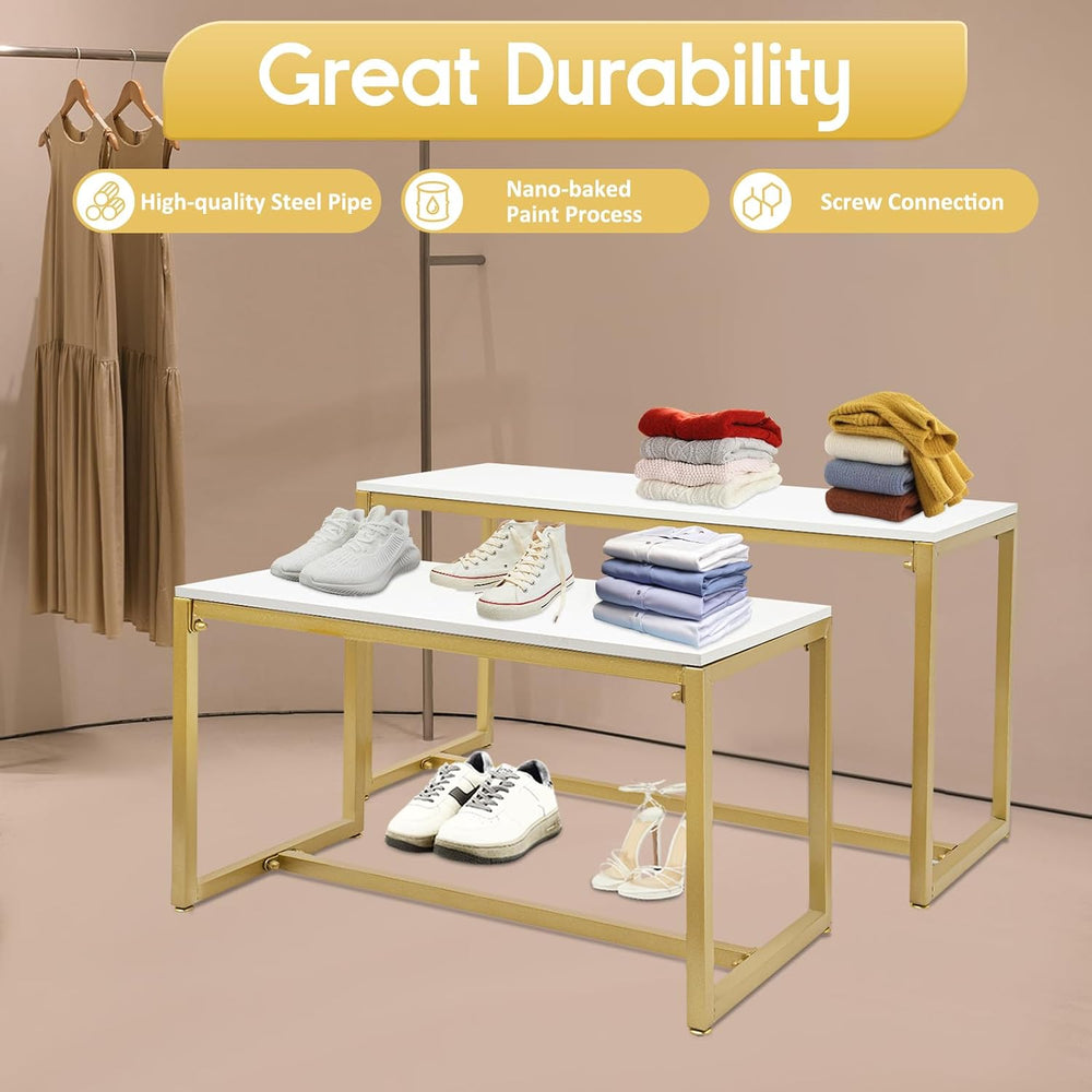 Modern Nesting Tables Retail Display Tables Set of 2 Gold Shoe Handbag Displa...