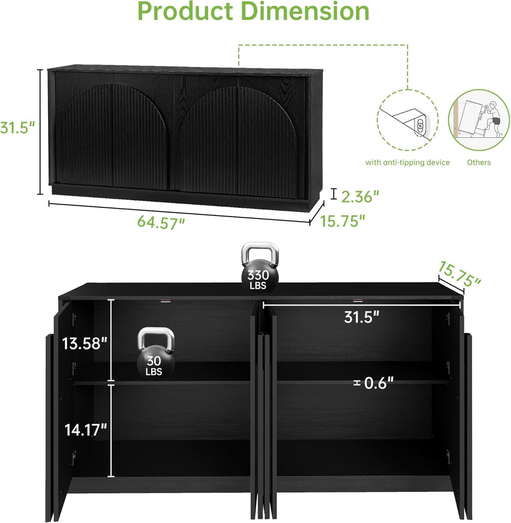 Real Relax 65 Inch Fluted Buffet Cabinet with Storage, Modern Symmetrical Arc...