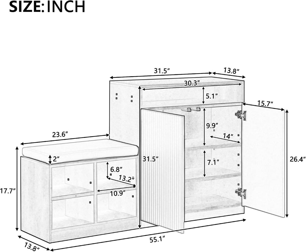 Modern Entryway Bench with 4-Tier Shoe Rack & Storage Cabinet, Features Removable Cushion, Wavy Slatted Door, Hooks and 3 Adjustable Shelves for Living Room, Hallway (Natural)