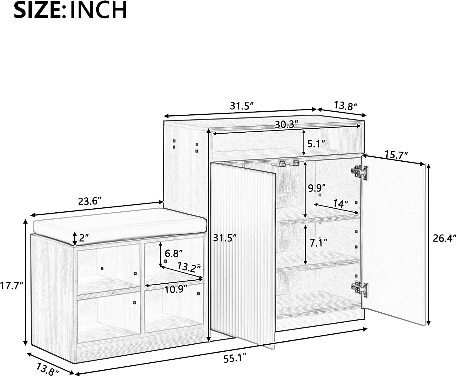 Modern Entryway Bench with 4-Tier Shoe Rack & Storage Cabinet, Features Removable Cushion, Wavy Slatted Door, Hooks and 3 Adjustable Shelves for Living Room, Hallway (Natural)
