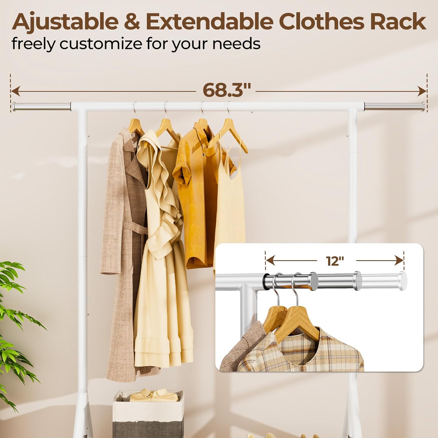 Heavy Duty Clothes Rack Load 450 LBS, Metal Garment Rack, Standing Rolling Clothing Rack for Hanging Clothes with Sturdy Wheels & Shelves, Portable Closet Wardrobe Rack,White