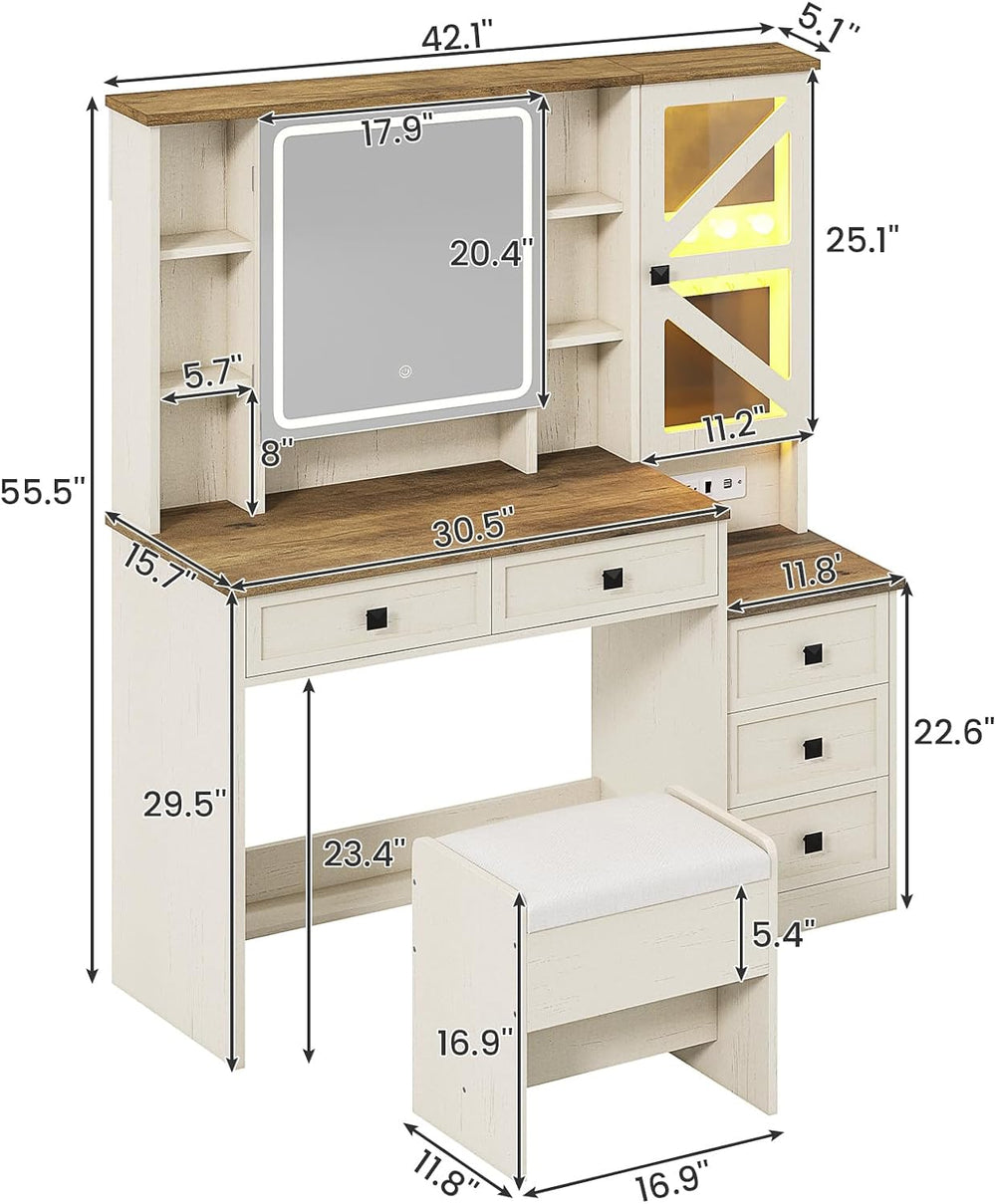 AOGLLATI Farmhouse Vanity Desk with Mirror and Lights, Makeup Vanity Set with...