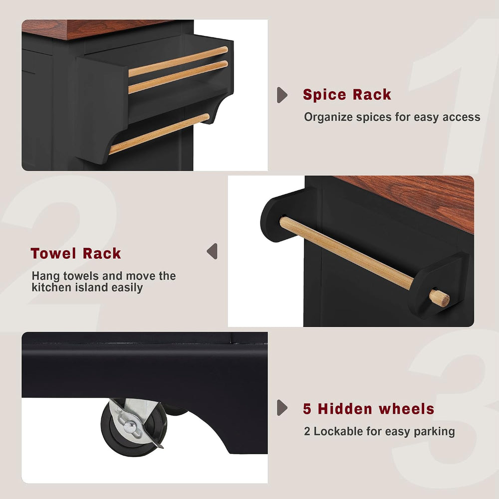 53" Large Kitchen Island with 3.5" Thick Desktop, Spice and Towel R...