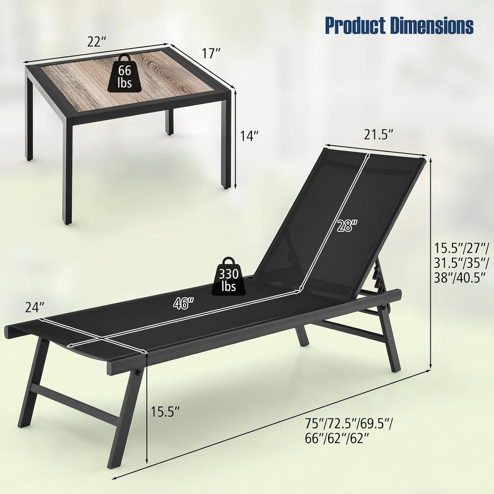Tangkula 3 Piece Patio Chaise Lounge Set, Aluminum Patio Recliner with Coffee...