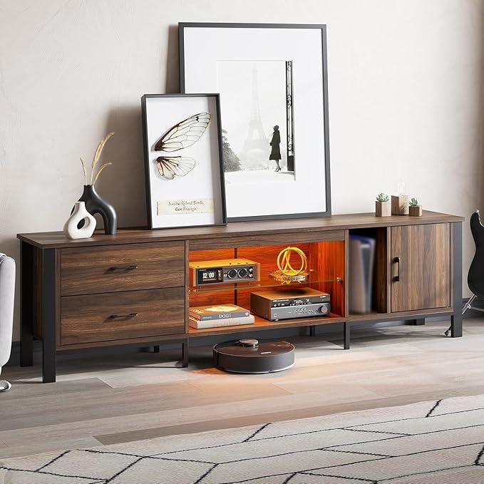 Bestier TV Stand for 75/80/85 inch TV, LED Gaming Entertainment Center, Modern TV Cabinet with Glass Shelves for Living Room, Media Console with 2 Storage Drawers & Cabinets for Bedroom, Walnut