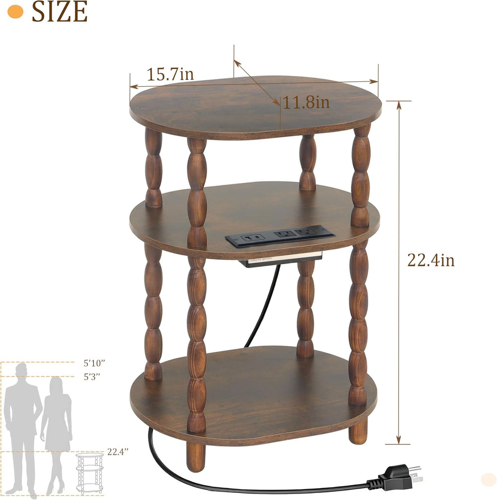 MaxSmeo Side Table with Charging Station, 3-Tier Small End Table with USB Por...