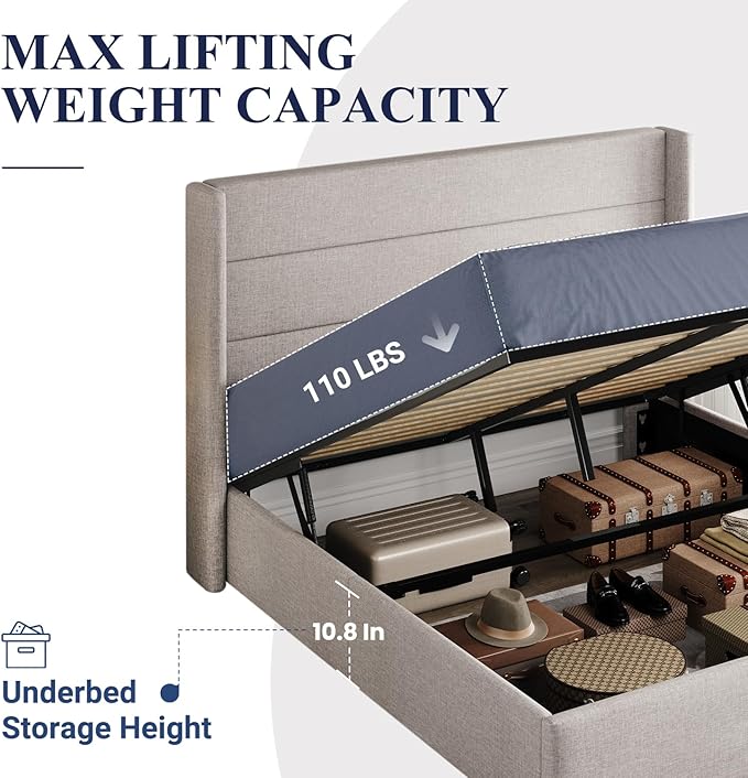 Allewie Full Size Lift Up Storage Bed, Modern Wingback Headboard, Hydraulic Support, No Box Spring Needed, Light Beige