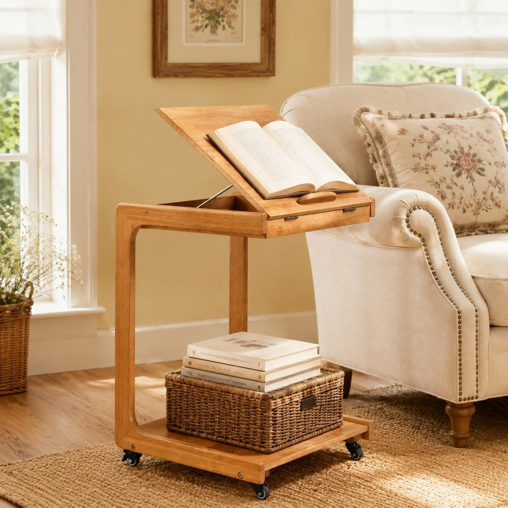 Solid Wood C-Shaped Side End Table with Casters, Adjustable Tilt Top Mobile L...