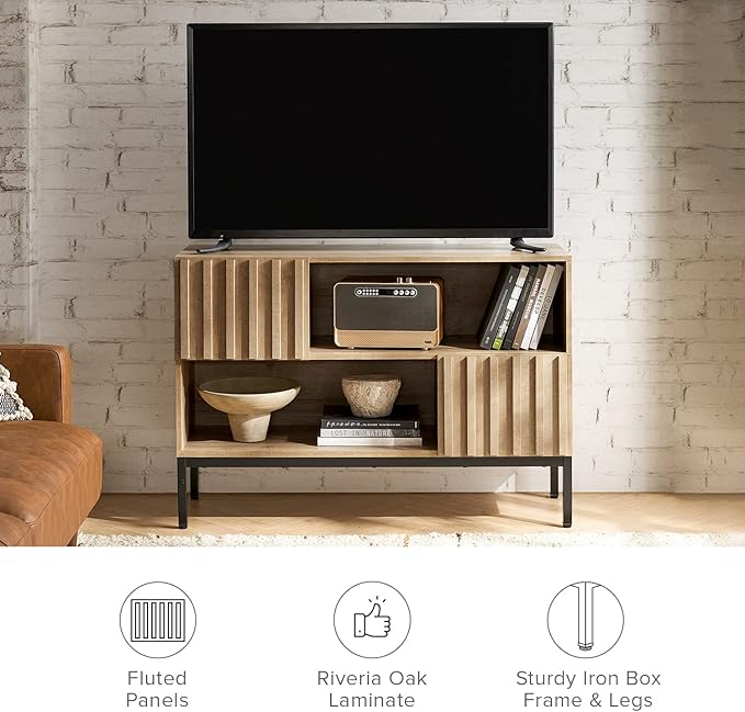 mopio Norwin Entryway Table, Sturdy Modern Rustic Industrial Farmhouse Sofa Table, Display Storage Shelf, Accent Cabinet, Oak Wood TV Stand, Entertainment Center, Media Console, Living Room (Double)