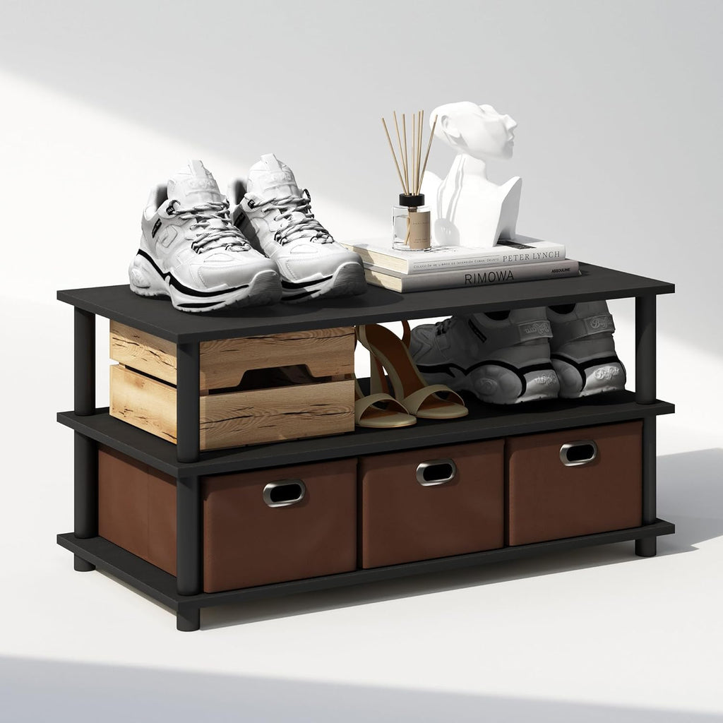 Furinno Turn-N-Tube Shoe Rack, Compact Shoe Organizer, Multipurpose Shoe Storage with Bin Drawers and Open Shelves, 15.5 x 31.2 x 15.4, for Closet Entryway, Office, Garage, Black Oak/Black/Brown