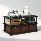 Furinno Turn-N-Tube Shoe Rack, Compact Shoe Organizer, Multipurpose Shoe Storage with Bin Drawers and Open Shelves, 15.5 x 31.2 x 15.4, for Closet Entryway, Office, Garage, Black Oak/Black/Brown