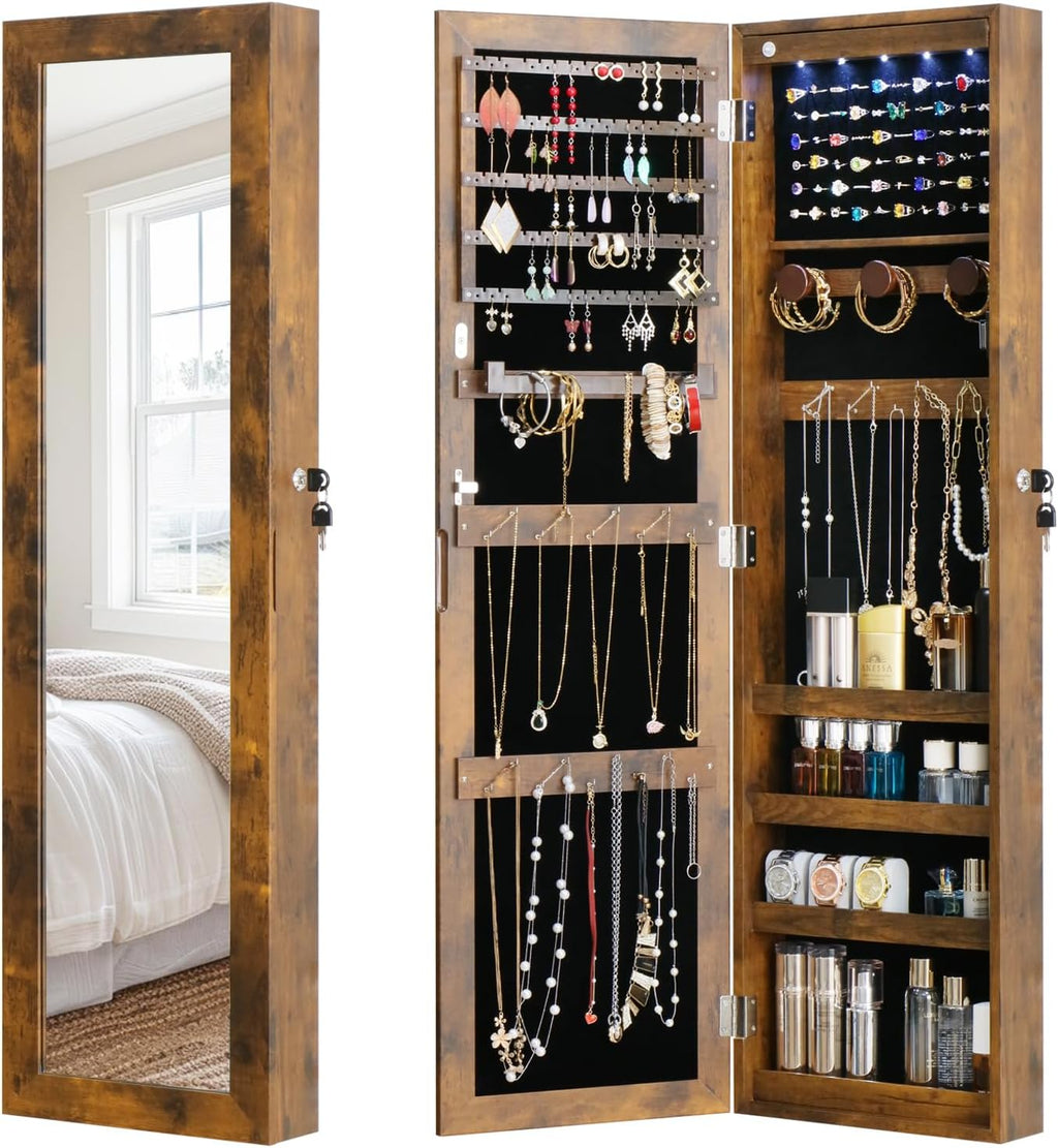 Full Length Mirror Jewelry Cabinet Organizer Lockable Door Wall-Mounted Jewelry Armoire with Shelves and Behind the Door Storage Rustic Brown