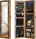 Full Length Mirror Jewelry Cabinet Organizer Lockable Door Wall-Mounted Jewelry Armoire with Shelves and Behind the Door Storage Rustic Brown