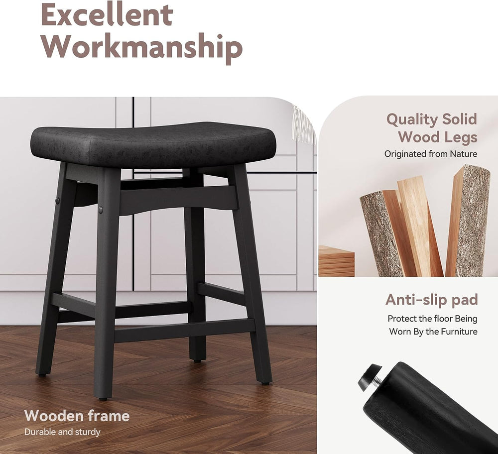 ALPHA HOME 24 Inch Bar Stools, Solid Wood Saddle Kitchen Stools, 1PC