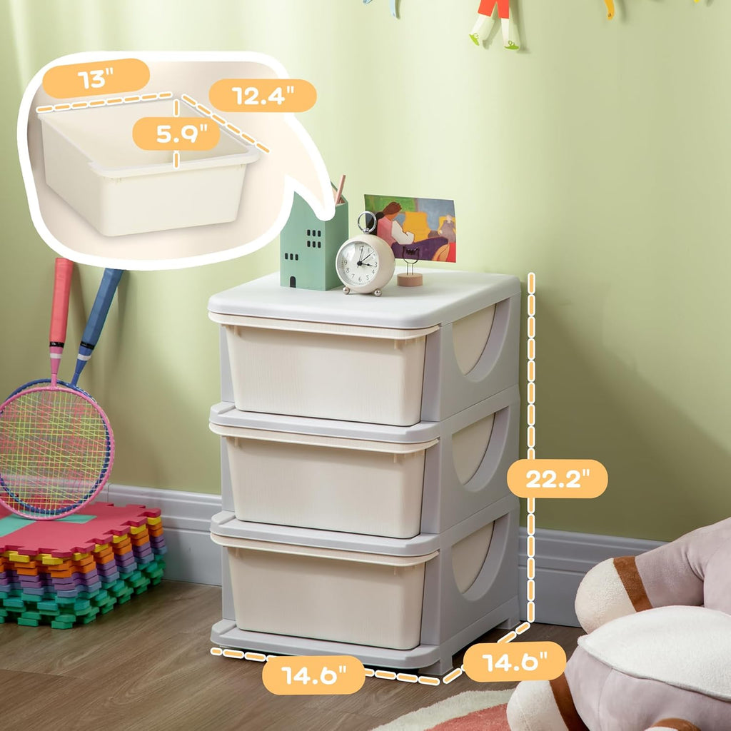 Qaba 3 Tier Kids Storage Unit, 3 Drawer Chest Toy Organizer Plastic Bins for Kids Bedroom Nursery Kindergarten Living Room for Boys Girls Toddlers, Cream White