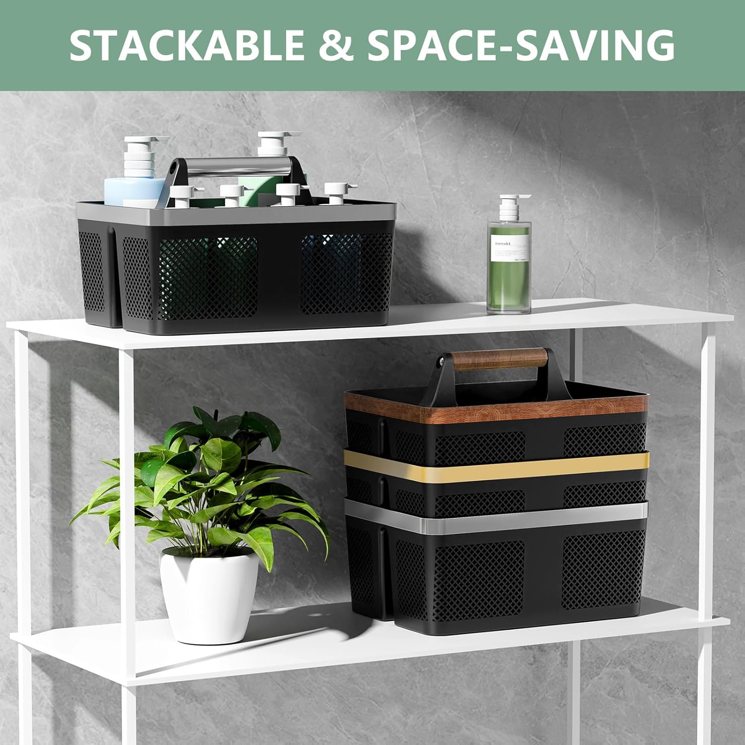 Black Shower Caddy Portable: Plastic Bathroom Caddy Organizer with Handle and Holes, Cleaning Caddy, Hard Shower Basket Storage Tote for Toiletry, College Dorm Room Essentials for Men