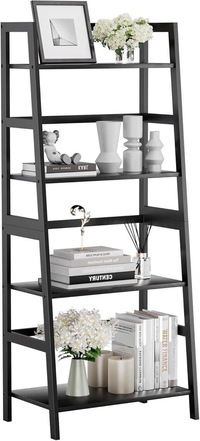 HITNET Ladder Shelf Black, 4-Tier Bookshelf, Freestanding Bathroom Storage Ra...