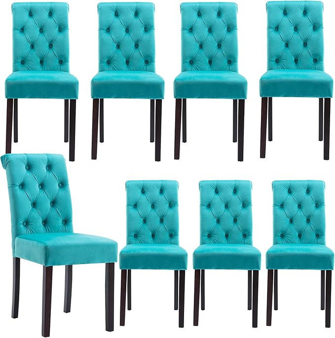 Velvet Dining Chairs Set of 8, Upholstered Kitchen & Dining Room Chairs, Farmhosue Parsons Side Host Chairs for Home/Bedroom/Living Room/Restaurant, Cyan Blue