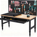 60 Inch Adjustable Height Rubber Wood Workbench, Heavy Duty 3000LBS Work Table with Drawers & Pegboard, Power Outlets for Garage, Workshop, Home Office