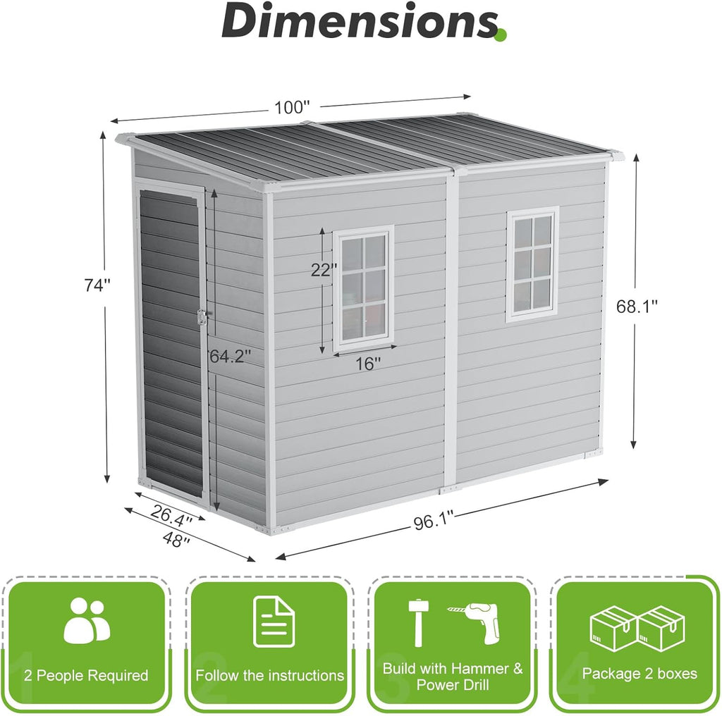 8x4 Outdoor Storage Shed, Lean to Shed with Floor for Patio and Garden, Waterproof Resin Plastic Storage Unit with Lockable Door & Awning Windows