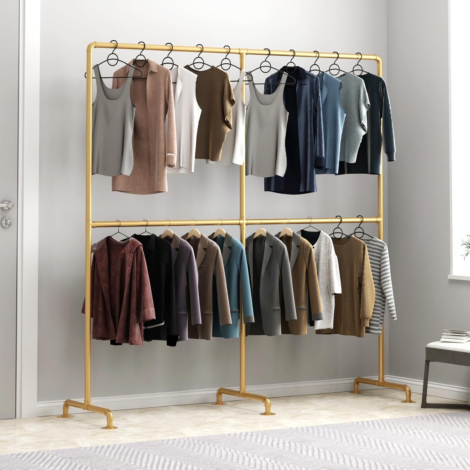 Industrial Pipe Clothing Rack, Double Rod Clothes Rack for Hanging Clothes, Heavy Duty Metal Garment Rack for Home Retail Boutique (Gold)