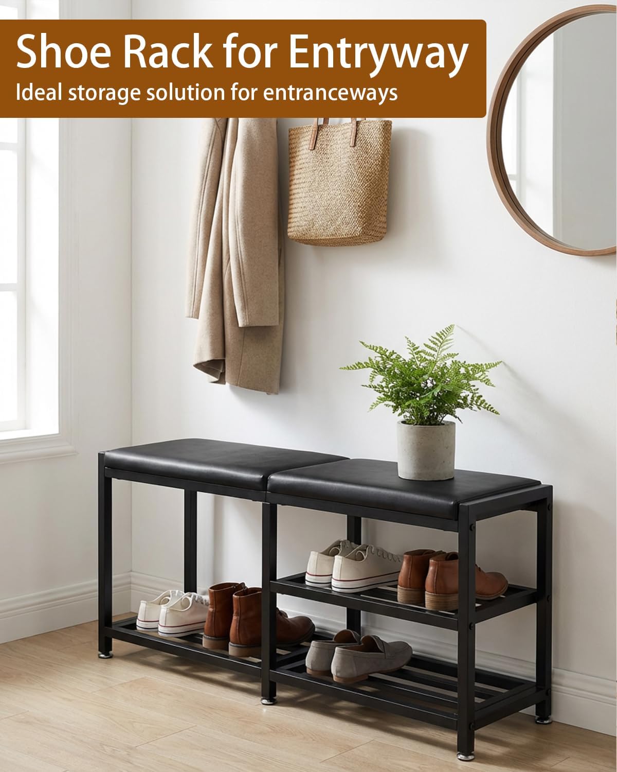 Iron Shoe Rack Storage Bench for Entryway, Holds Up to 560 lb | Space-Saving and Robust, Iron and Foam Padding Shoe Rack for Entryway, Front Door Entrances, Bathroom