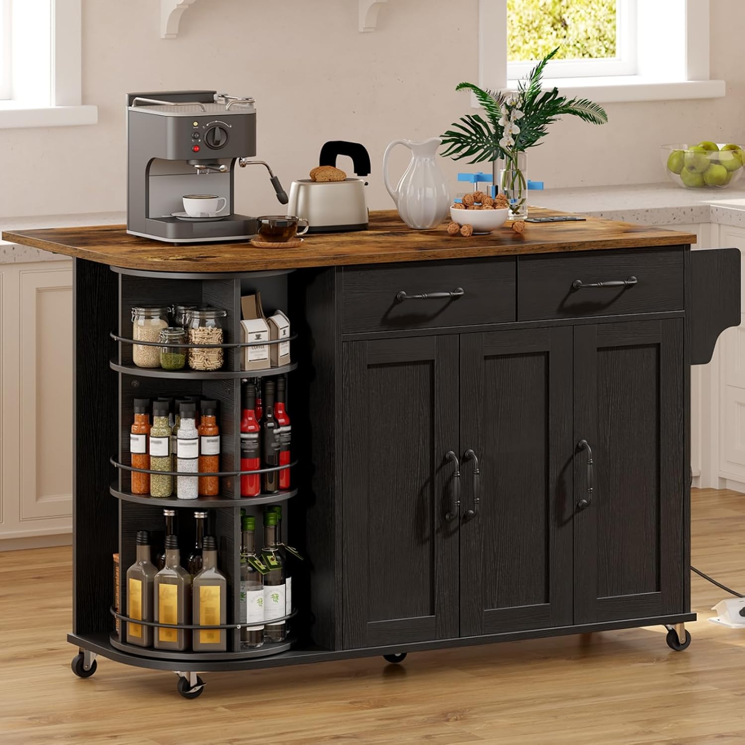 RALGEND Kitchen Island with Power Outlet & Drop Leaf, Kitchen Rolling Island with Rotating Organizer, Kitchen Island Cart with Storage Cabinet, Mobile Island Table for Kitchen, Black and Rustic Brown