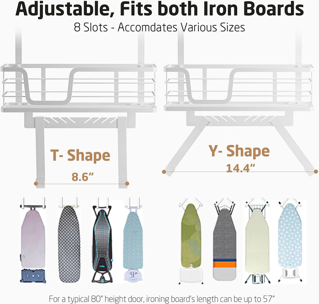 KES Over The Door Ironing Board Holder, Ironing Board Hanger Over Door Organizer with Storage Shelf Y and T Shaped Fits for 1 3/8 Doors White, HIR501A-WH