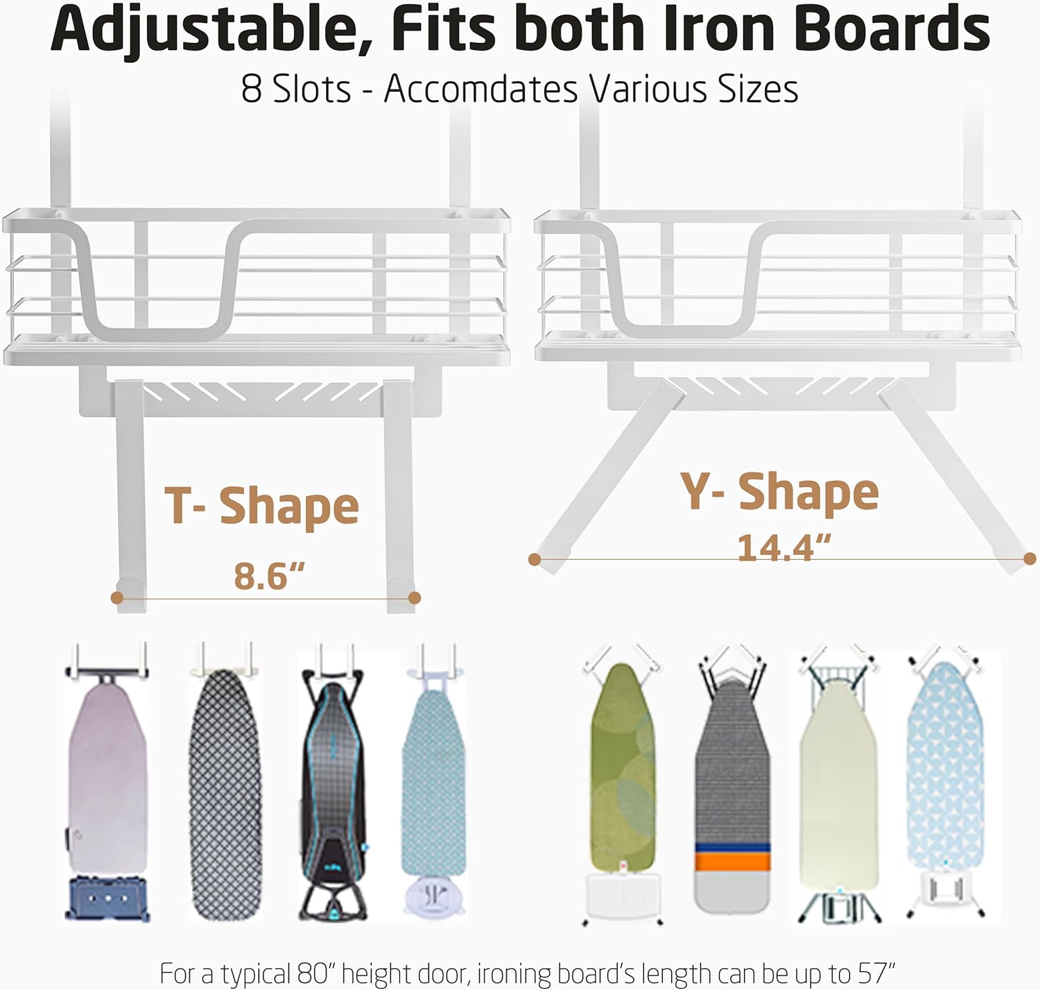KES Over The Door Ironing Board Holder, Ironing Board Hanger Over Door Organizer with Storage Shelf Y and T Shaped Fits for 1 3/8 Doors White, HIR501A-WH