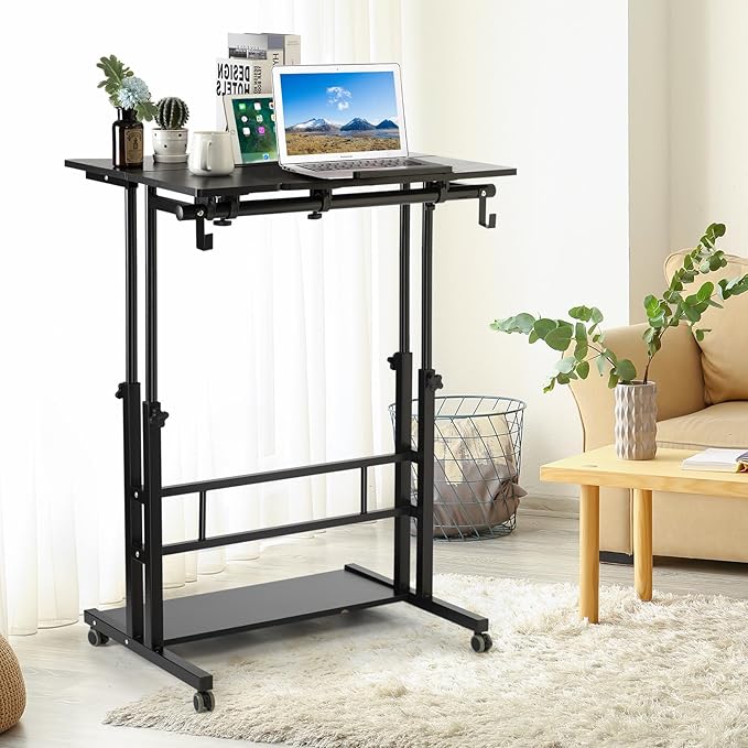 Hadulcet Mobile Standing Desk, Rolling Table Adjustable Computer Desk, Stand Up Laptop Desk Mobile Workstation for Home Office Classroom with Wheels, Black