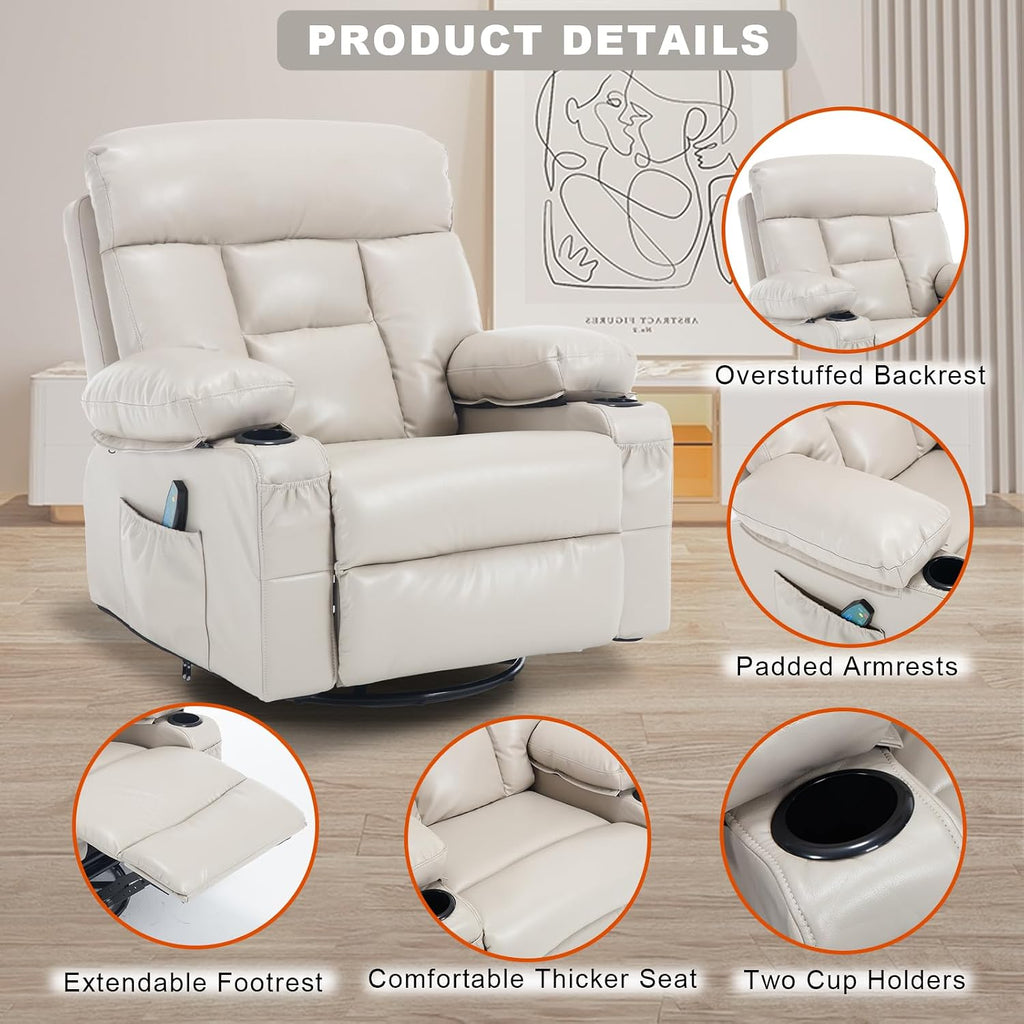 Swivel Rocker Recliner Chair Massage Beige Rocking Glider Chair for Nursery | Wide Seat, Overstuffed, Cup Holders, Faux Leather, Living Room Lounge Chair