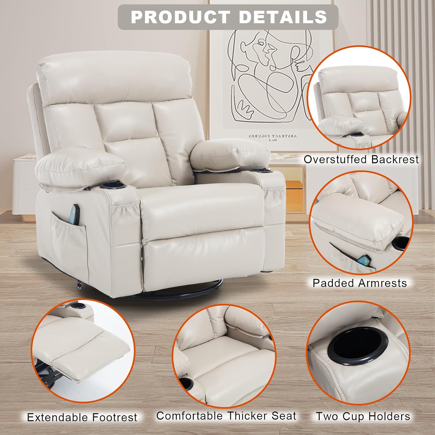 Swivel Rocker Recliner Chair Massage Beige Rocking Glider Chair for Nursery | Wide Seat, Overstuffed, Cup Holders, Faux Leather, Living Room Lounge Chair