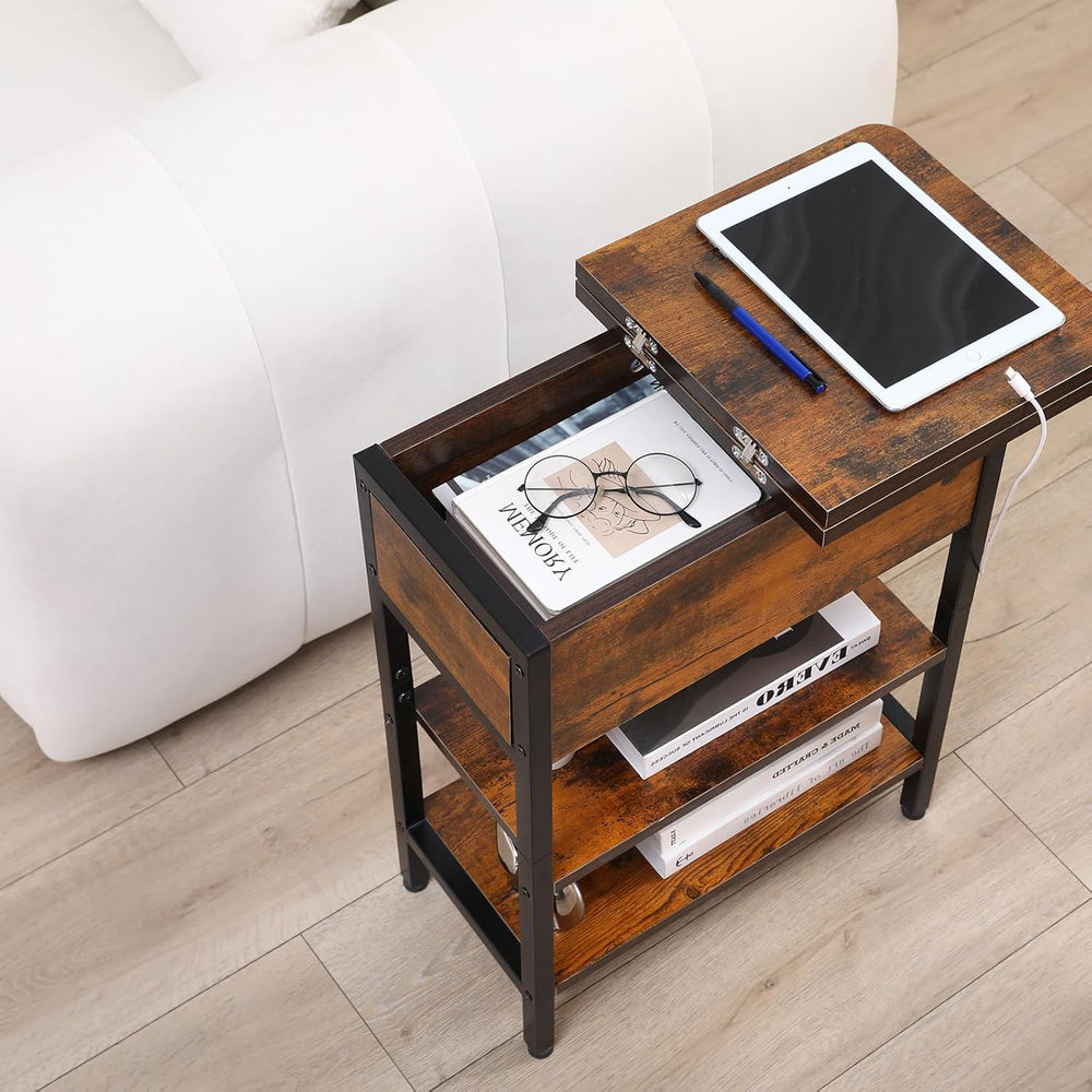 End Table with Charging Station, Narrow Side Table with USB Ports & Outle...