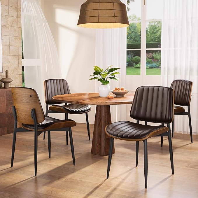 Dining Chairs Set of 6, Mid Century Modern Dining Room Kitchen Chairs, Upholstered PU Leather Vertical Stripe Chairs for Vanity with Walnut Bentwood and Metal Legs, Brown