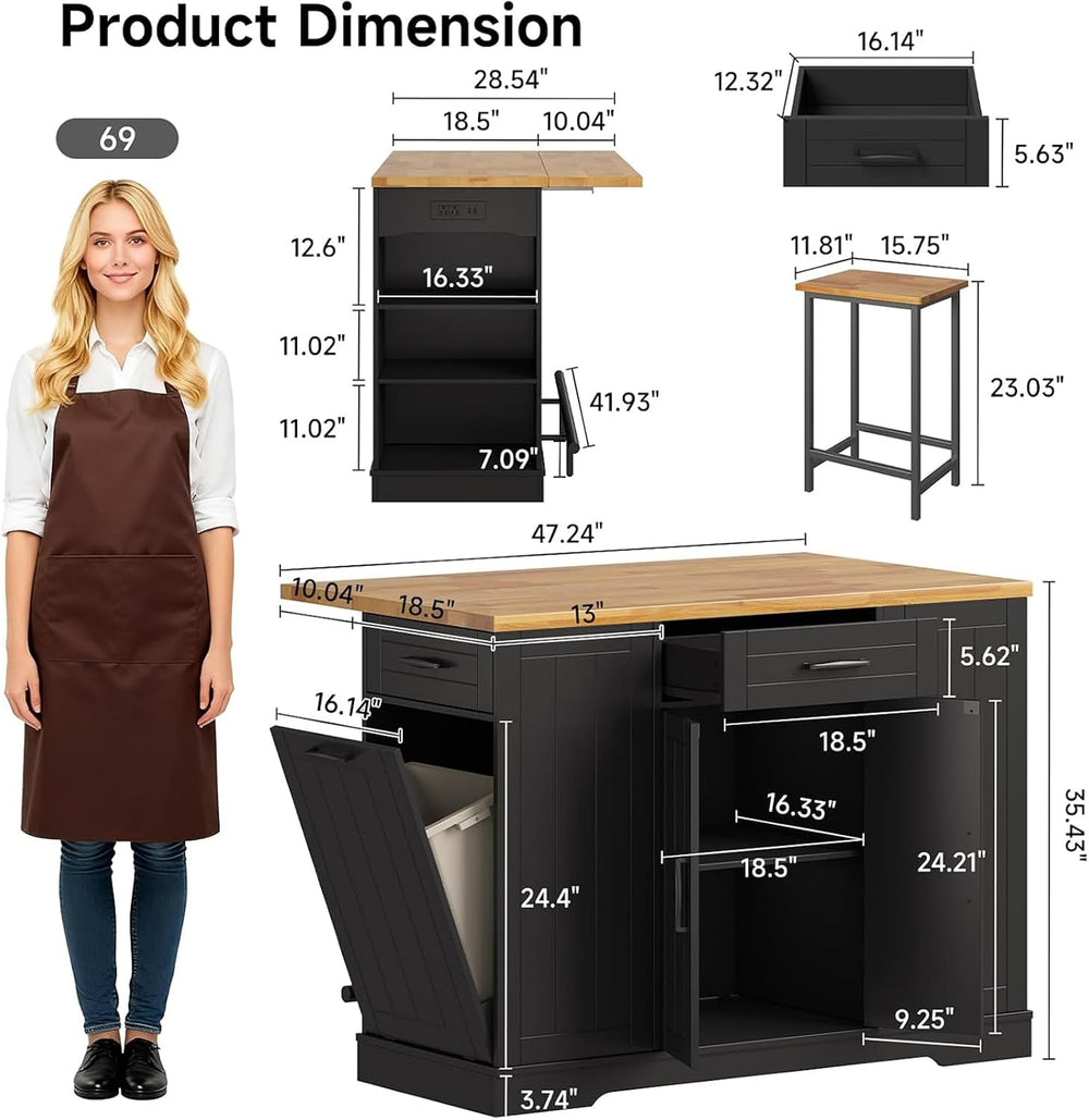 47" Kitchen Island with Seating, Include 2 Chairs, Black | Stationary Is...