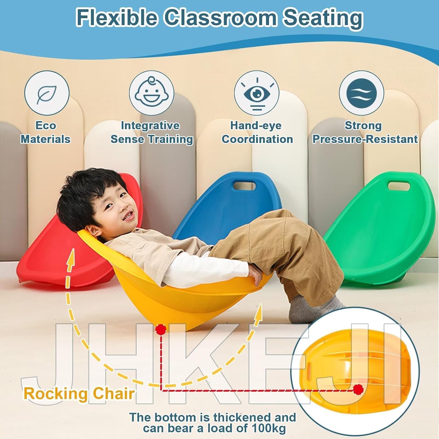 Rocker Chairs for Classroom, Portable Floor Seating with Back Support, Flexible Classroom Seating for Elementary, Plastic Reading Chair, Sensory Wobble Chair, Fun Scoop Egg Chair Indoor, (Blue,4)
