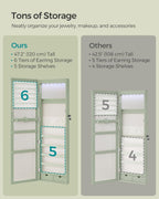 SONGMICS 6 LEDs Mirror Jewelry Cabinet, 47.2-Inch Tall Lockable Wall or Door Mounted Jewelry Armoire Organizer with Mirror, 2 Drawers, Christmas Gift, 3.9 x 14.6 x 47.2 Inches, Laurel Green