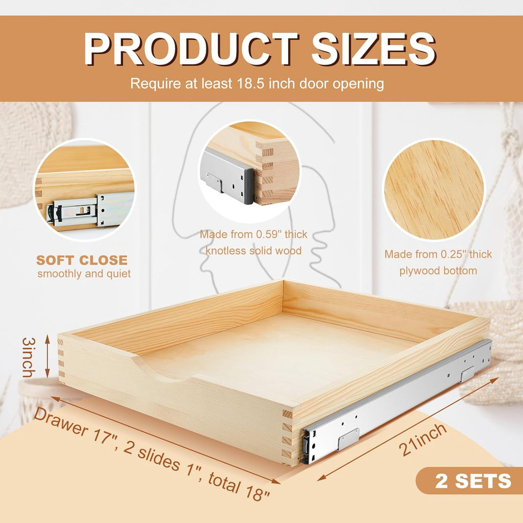 Menkxi 2 Set Pull out Tray Cabinet Organizer Wooden Pull Drawers storage Slide out Pantry Shelf for Base Cabinet Kitchen Gentle Close Fully Assembled Accessories(Wood Color,18'' X 21'' X 3'')