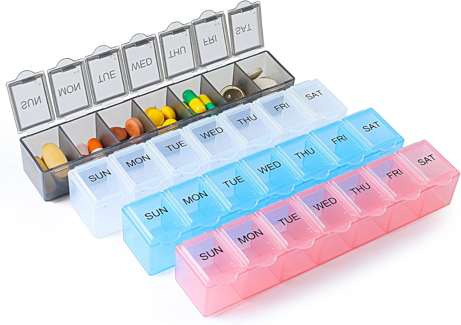 4 Pack Weekly Pill Organizer, 7 Days Pill Case Travel Daily Pill Box Portable Medicine Organizer and Planner with Compartment for Vitamins, Fish Oil, Supplements and Medication (4 Colors)