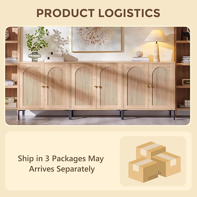 Modern TV Stands for 80 inch tvs, 92.63" W Wood Entertainment Center w/Adjustable Shelves, Mid Century Modern TV Stand w/Arched Fluted Doors, Media Console Cabinet for Living Room, Natural