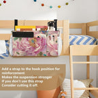 Pink Peony Bee Dragonfly Bedside Caddy for Dorm Bed Bedside Hanging Caddy Bag Iron Frame Storage Organizer Pocket for Bunk Home College Hospital Beds 2 Hooks