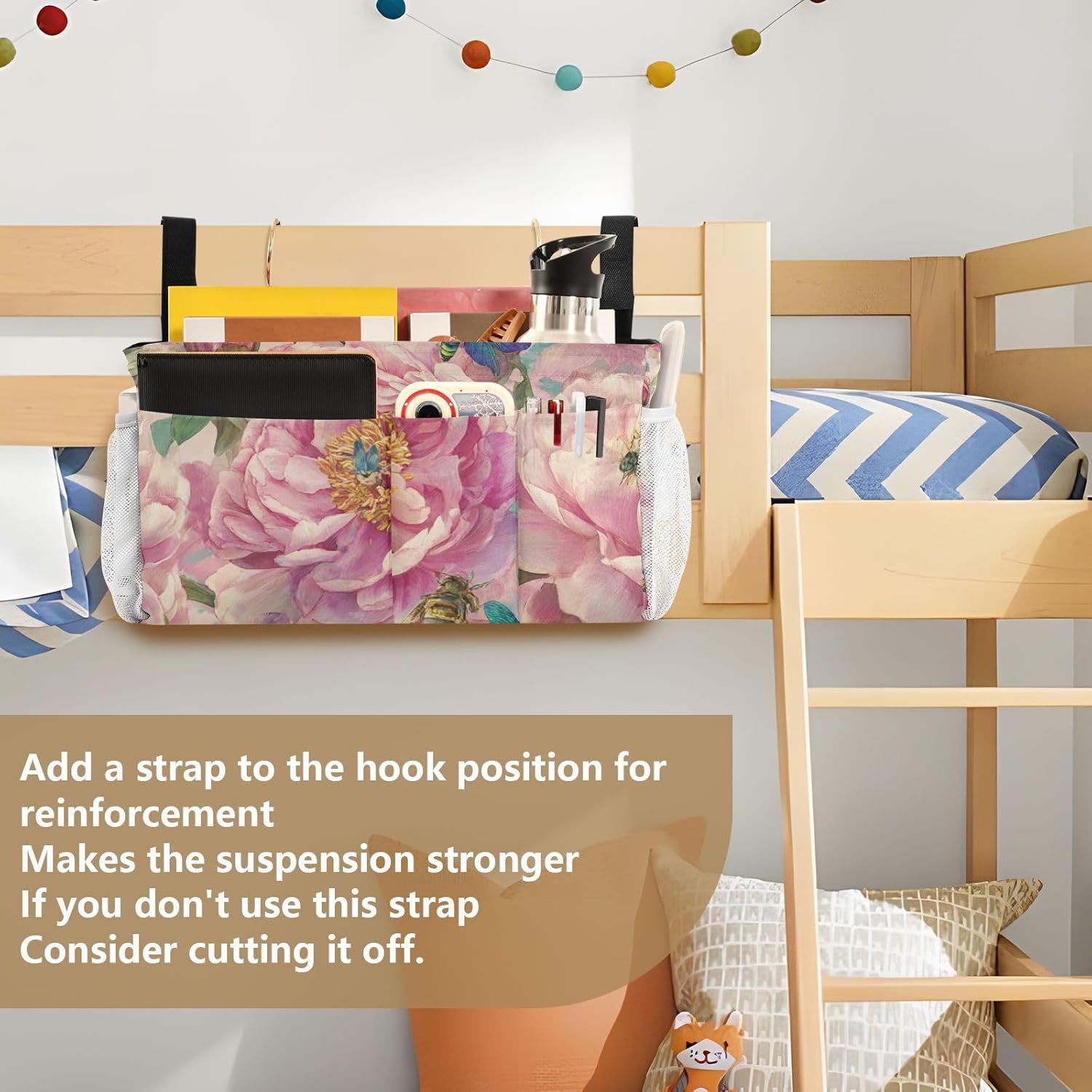 Pink Peony Bee Dragonfly Bedside Caddy for Dorm Bed Bedside Hanging Caddy Bag Iron Frame Storage Organizer Pocket for Bunk Home College Hospital Beds 2 Hooks