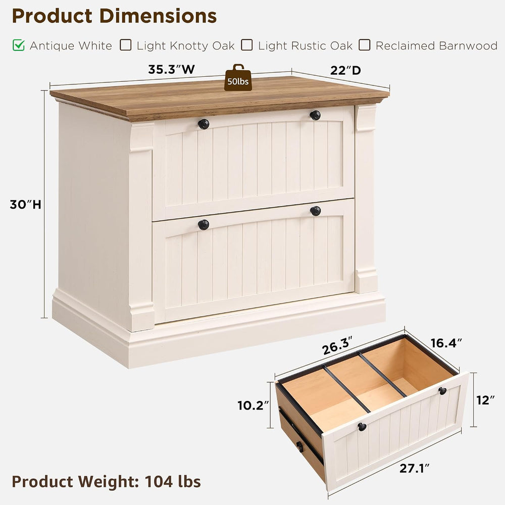 OKD Farmhouse Lateral File Cabinet with 2 Drawers, Antique White | 35.3"...
