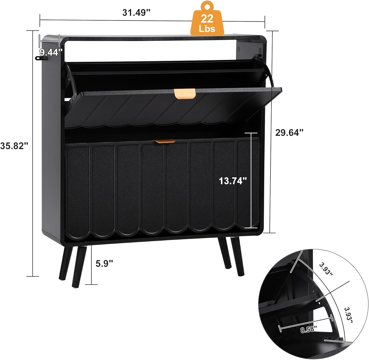 Shoe Storage Cabinet for Entryway with 2 Flip Drawers, Freestanding Narrow Wood Shoe Cabinet with Wave Panel, Hidden Shoe Organizer for Foyer, Hallway (Black)