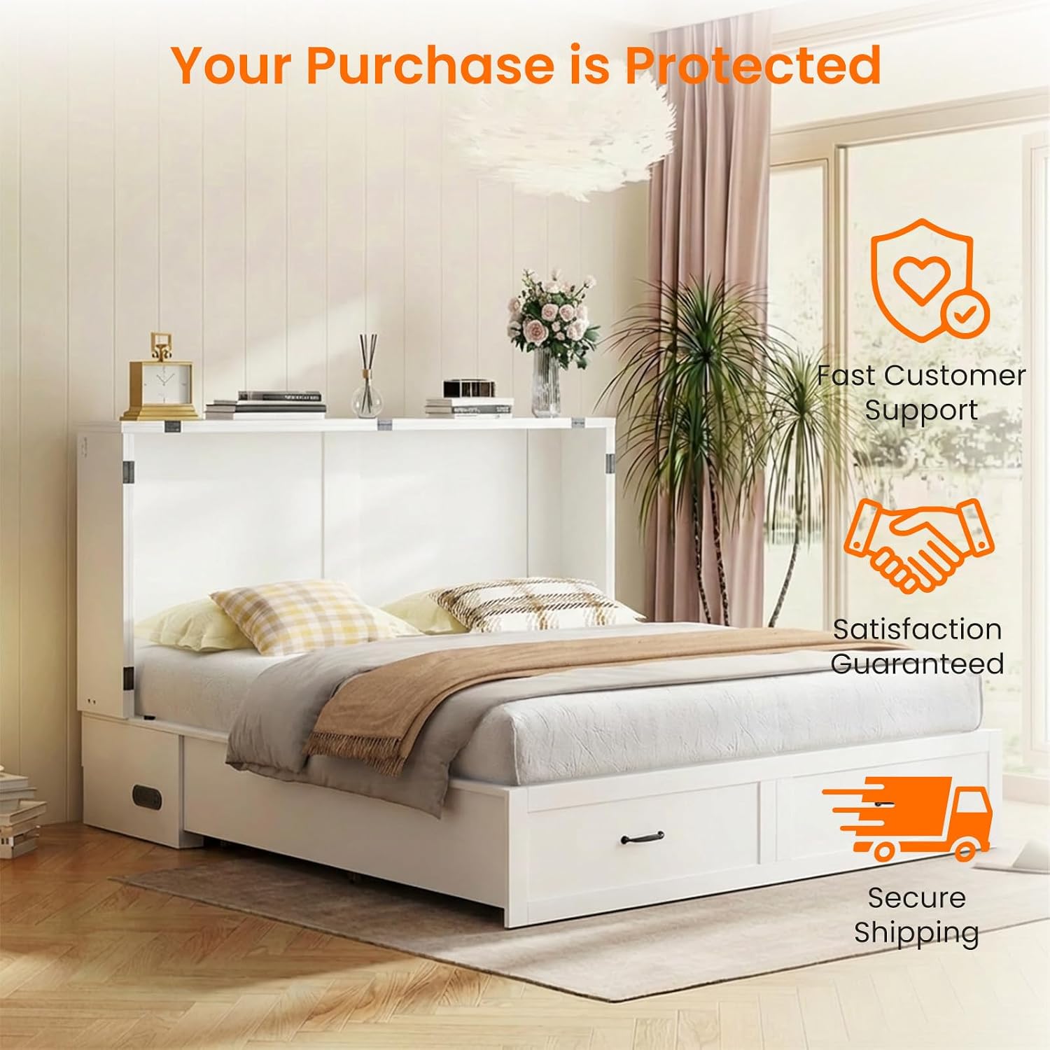 CECER Queen Size Murphy Bed with Storage & Charging Station,Multi-Functional Murphy Cabinet Bed with Mattress Included for Bedroom/Guest Room/Small Space,Easy Assembly -White | Murphy Bed Queen with 2 Storage Drawers,Cabinet Bed with Built-in Multi-Port