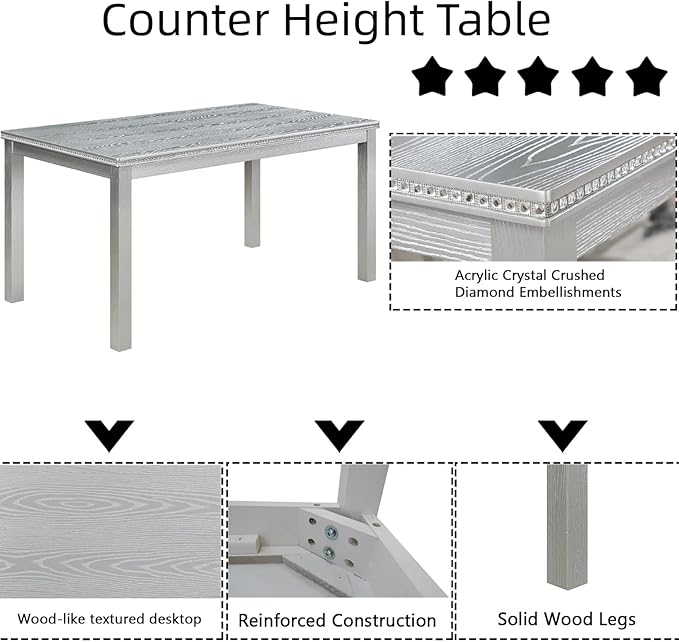 Dining Table Set for 5, 6 Piece Dining Room Table Set with Rectangular Crystal Decoration Table, 4 Upholstered Backrest Chairs and Bench, Counter Height Kitchen Sets with MDF Tabletop, Grey