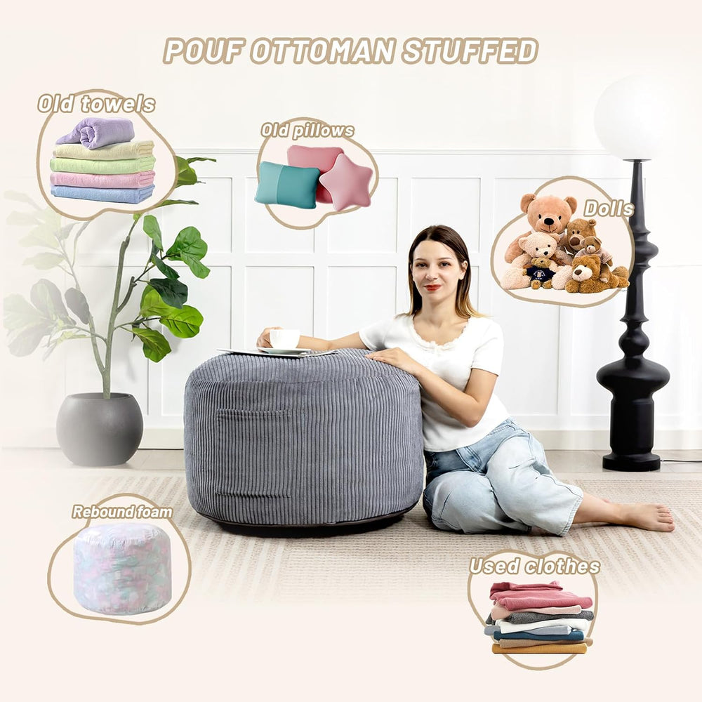 Round Stuffed Pouf Ottoman (Gray, 20" D x 20" W x 15" H) | Cor...