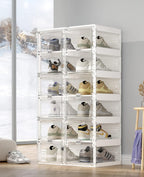 ANTBOX Foldable Shoe Rack,Shoe Organizers for Closet Plastic Shoe Storage Box Space Saving for Entryway, Large Sturdy Stackable Sneaker Cabinet Bins with Magnetic Clear Door 6 Tiers 12 Pairs